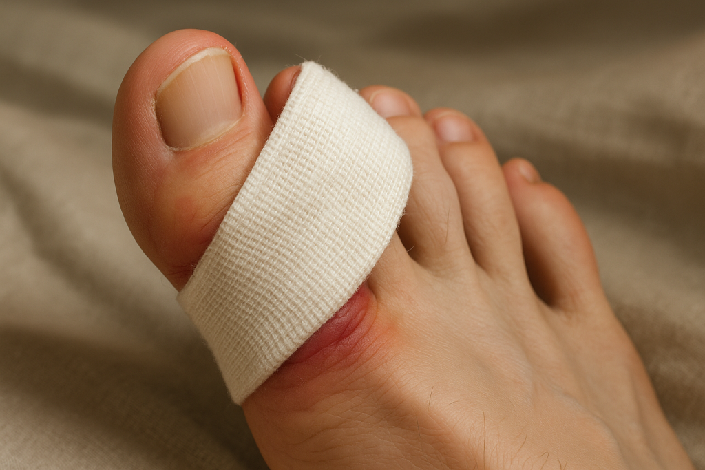 Photo d'un orteil cassé avec un bandage pour sa guérison
