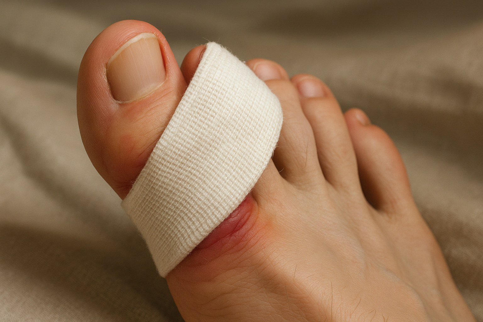 Photo d'un orteil cassé avec un bandage pour sa guérison